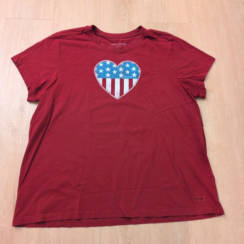 Life is Good Womens XXL Crusher Tee Red Patriotic American Flag Heart Shirt USA